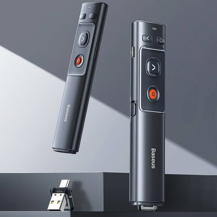 Baseus Orange Dot wskaźnik laserowy pilot do prezentacji PC z wbudowanym akumulatorem szary (WKCD000013)