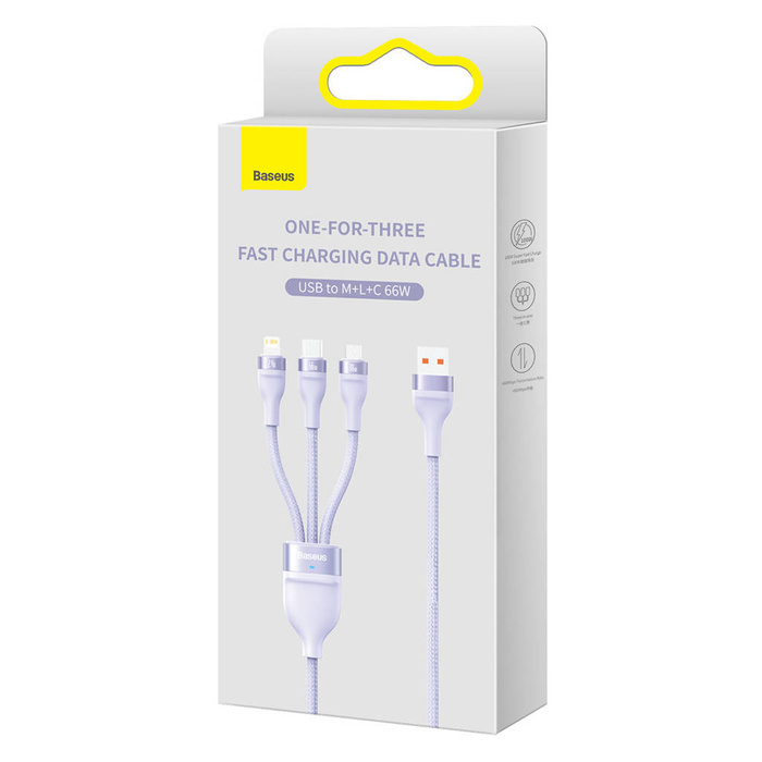 Baseus Flash Series Ⅱ kabel 3w1 z szybkim ładowaniem USB-A do USB-C / Micro-USB / Lightning 66W 480Mb/s 1.2m fioletowy