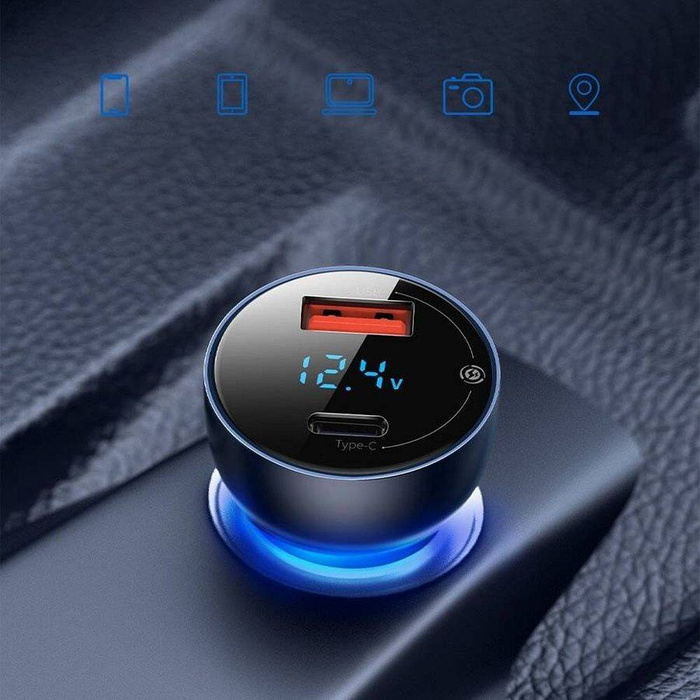 Baseus ładowarka samochodowa USB / USB Typ C 65 W 5 A SCP Quick Charge 4.0+ Power Delivery 3.0 ekran LCD przezroczysty (CCKX-C0A)