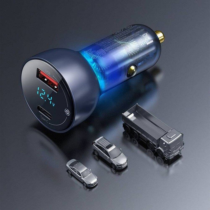 Baseus ładowarka samochodowa USB / USB Typ C 65 W 5 A SCP Quick Charge 4.0+ Power Delivery 3.0 ekran LCD przezroczysty (CCKX-C0A)