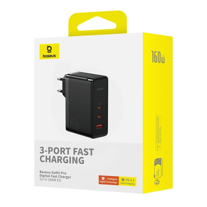 Ładowarka sieciowa Baseus GaN5 Pro 2 x USB-C + USB, 160W (czarna)