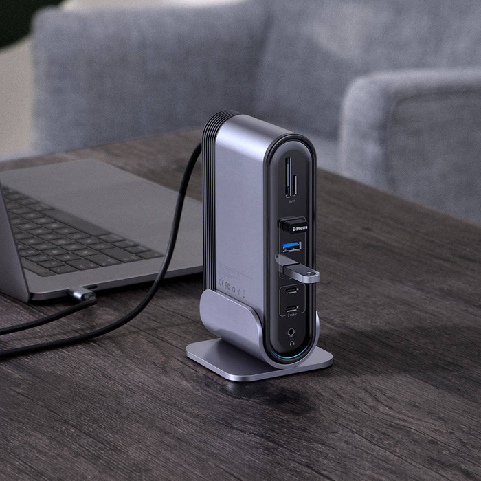 Baseus wielofunkcyjny HUB 3x USB 3.2 Gen 1 / 2x USB 2.0 / 2x USB Typ C / czytnik kart SD i micro SD / AUX / 3x HDMI / RJ45 1Gbps Power Delivery 100W (wtyczki EU / CN / UK) szary (CAHUB-DG0G)