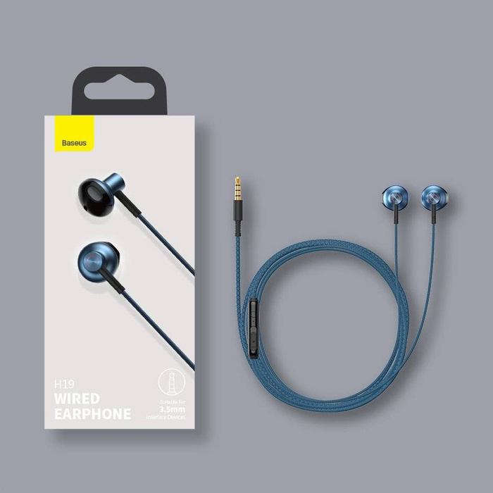 Baseus Encok H19 przewodowe douszne słuchawki 3,5 mm mini jack z pilotem i mikrofonem niebieski (NGH19-01)