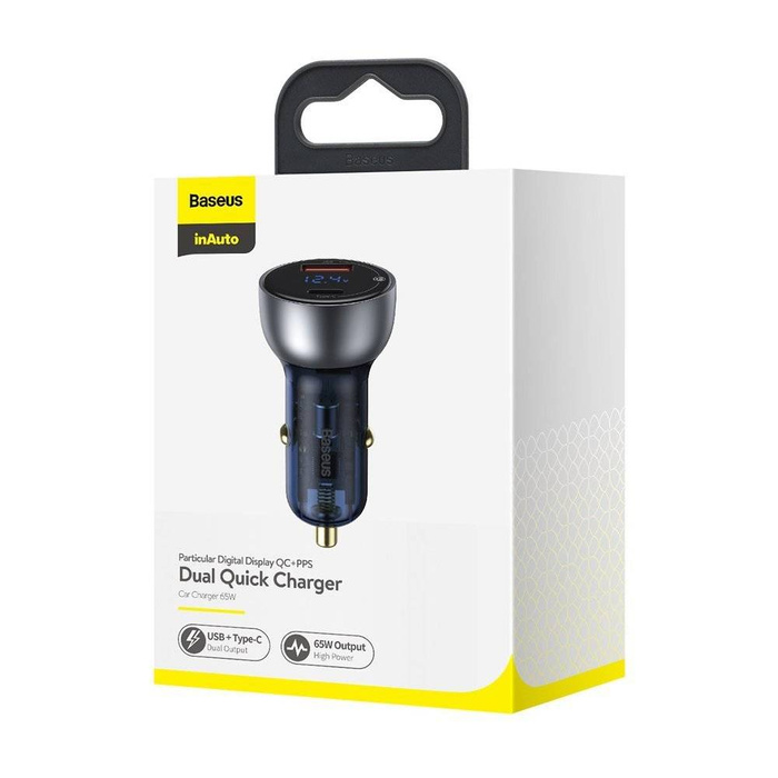 Baseus ładowarka samochodowa USB / USB Typ C 65 W 5 A SCP Quick Charge 4.0+ Power Delivery 3.0 ekran LCD przezroczysty (CCKX-C0A)