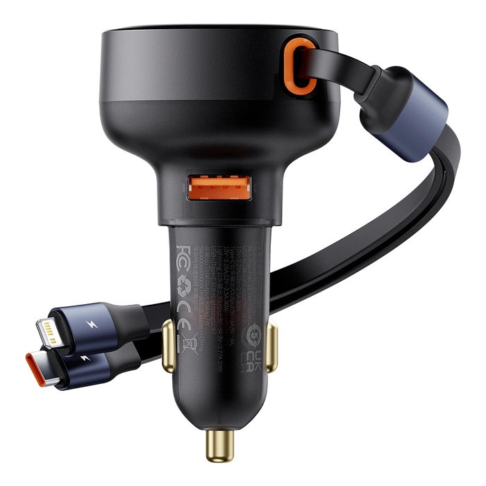 Ładowarka samochodowa Baseus Enjoyment USB z kablem USB-C i Lightning 60W (czarna)