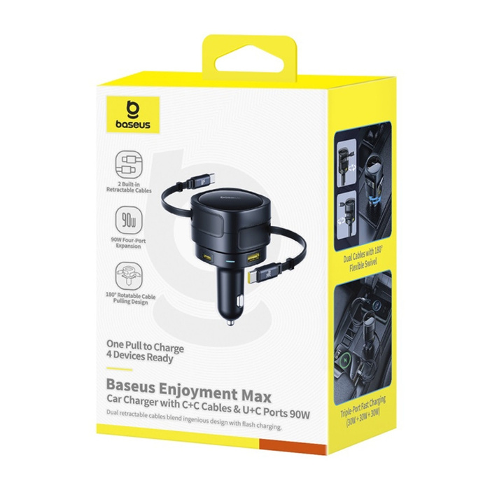 Ładowarka samochodowa Baseus Enjoyment Max z kablami USB-C+USB-C i portami USB-A+USB-C 90W Czarny