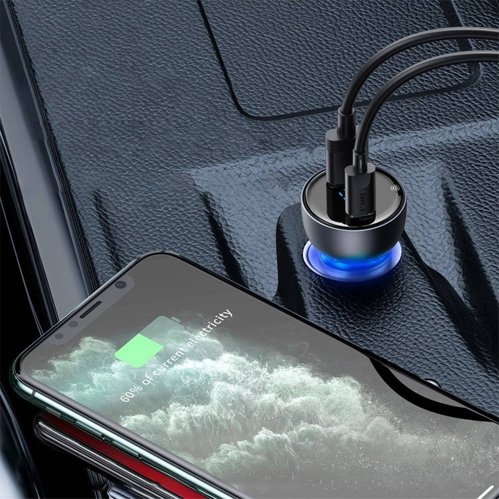 Baseus ładowarka samochodowa USB / USB Typ C 65 W 5 A SCP Quick Charge 4.0+ Power Delivery 3.0 ekran LCD + kabel USB Typ C - USB Typ C szary (TZCCKX-0G)