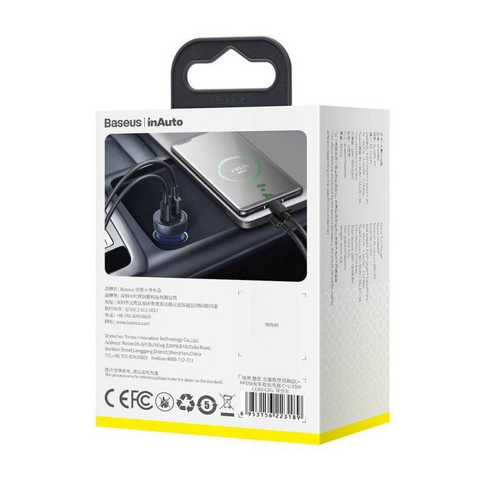 Baseus ładowarka samochodowa USB / USB Typ C 65 W 5 A SCP Quick Charge 4.0+ Power Delivery 3.0 ekran LCD przezroczysty (CCKX-C0A)