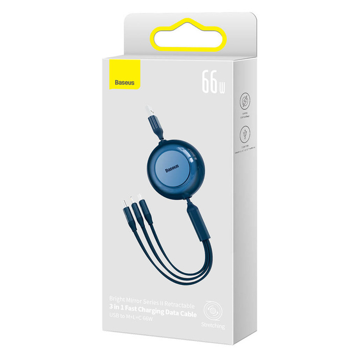 Baseus Bright Mirror 2 zwijany kabel przewód 3w1 USB Typ A - micro USB + Lightning + USB Typ C 66W 1.1m niebieski (CAMJ010103)