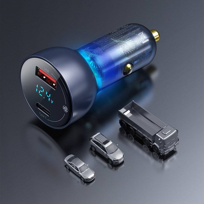 Baseus ładowarka samochodowa USB / USB Typ C 65 W 5 A SCP Quick Charge 4.0+ Power Delivery 3.0 ekran LCD + kabel USB Typ C - USB Typ C szary (TZCCKX-0G)