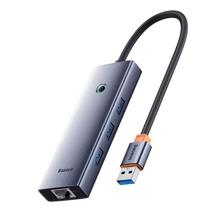 Hub Baseus UltraJoy Series Lite 4-Port (USB do USB 3.0*3+RJ45*1+USB-C 5V) (szary)