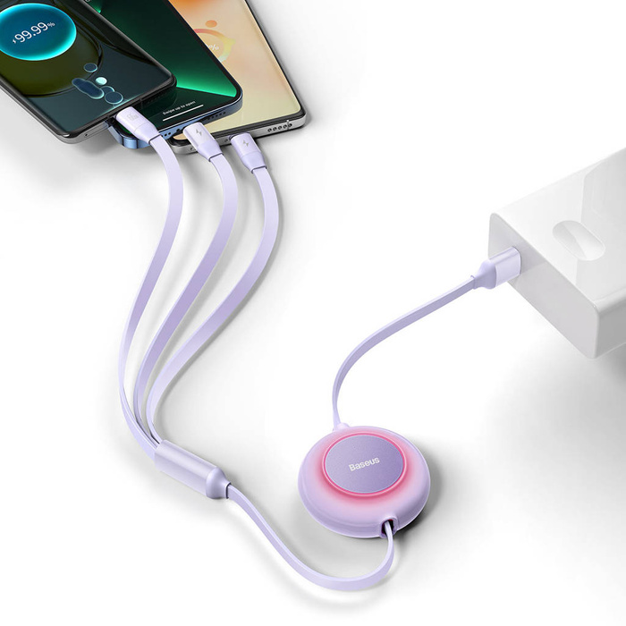 Baseus Bright Mirror 2 zwijany kabel przewód 3w1 USB Typ A - micro USB + Lightning + USB Typ C 66W 1.1m fioletowy (CAMJ010105)