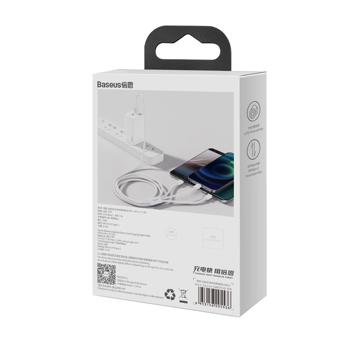 Kabel szybkiego ładowania Baseus Superior Data USB do M+L+C 3.5A 0.5M(White)