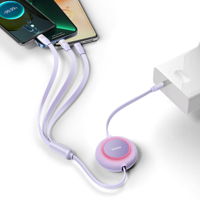 Baseus Bright Mirror 2 zwijany kabel przewód 3w1 USB Typ C - micro USB + Lightning + USB Typ C 3.5A 1.1m fioletowy (CAMJ010205)