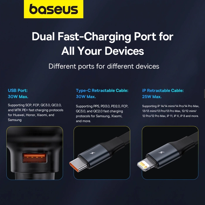 Ładowarka samochodowa Baseus Enjoyment USB z kablem USB-C i Lightning 60W (czarna)
