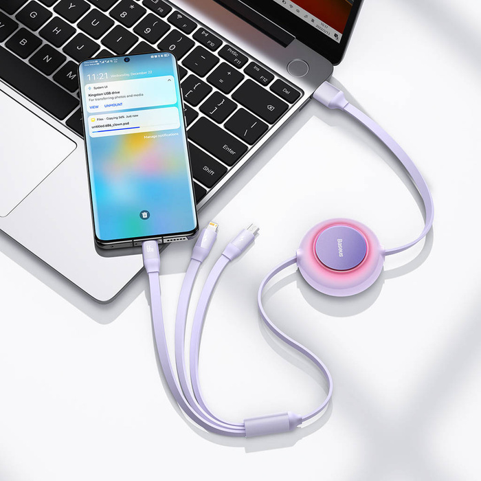 Baseus Bright Mirror 2 zwijany kabel przewód 3w1 USB Typ A - micro USB + Lightning + USB Typ C 66W 1.1m fioletowy (CAMJ010105)