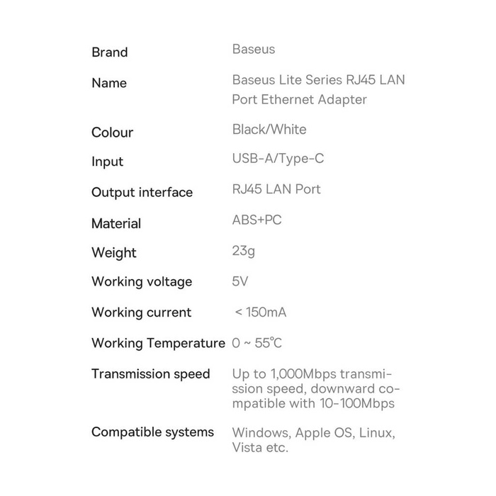Baseus Lite Series zewnętrzna karta sieciowa USB Typ C - RJ-45 1Gbps (1000Mbps) czarny (WKQX000301)