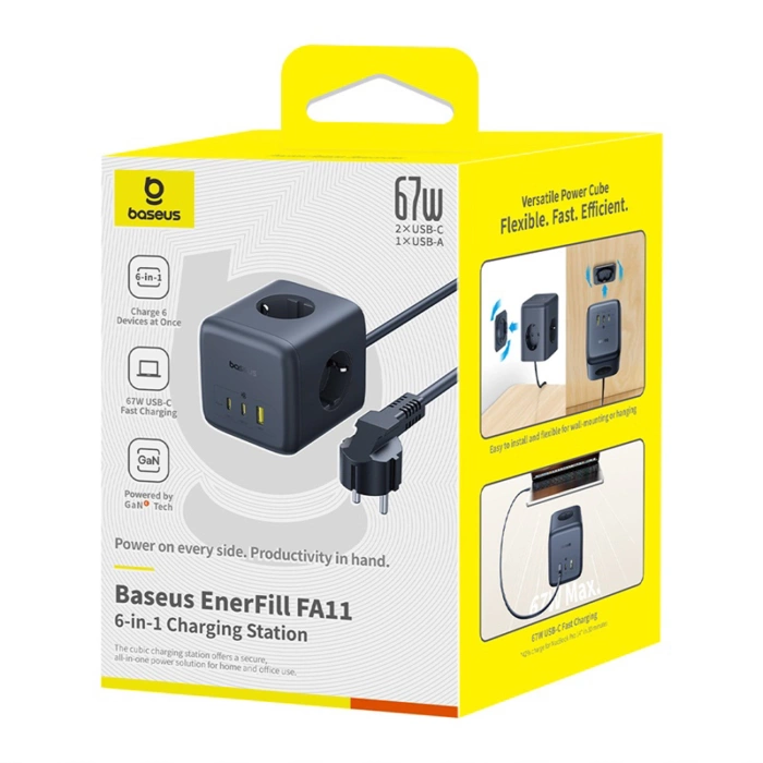 Listwa zasilająca Baseus EnerFill FA11 67W kostka USB-A + USB-C + 3 x gniazdo EU 1,5m - czarna