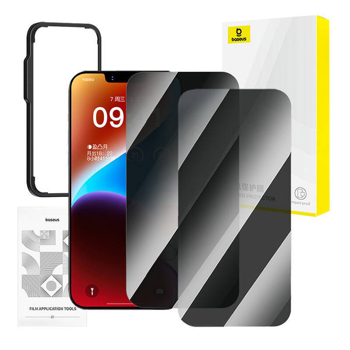 Prywatyzujące szkło hartowane iPhone 14 Plus/13 Pro Max Baseus Superior + 2x zestaw czyszczący i EasyStick