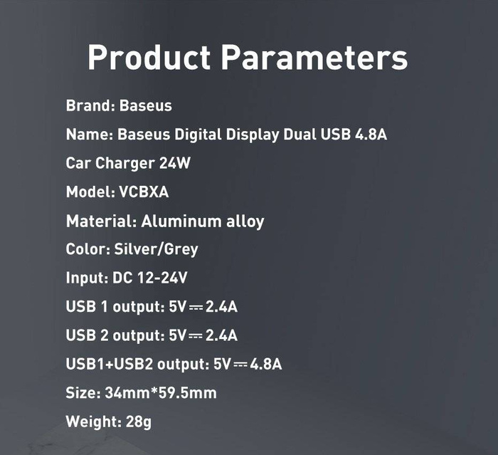 Baseus ładowarka samochodowa 2x USB 4,8A 24W z LCD + kabel 3w1 USB - USB Typ C / micro USB / Lightning 1,2m czarny