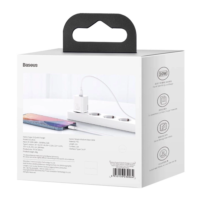 Baseus Super Si 1C szybka ładowarka USB Typ C 20W Power Delivery + kabel USB Typ C - Lightning 1m biały (TZCCSUP-B02)