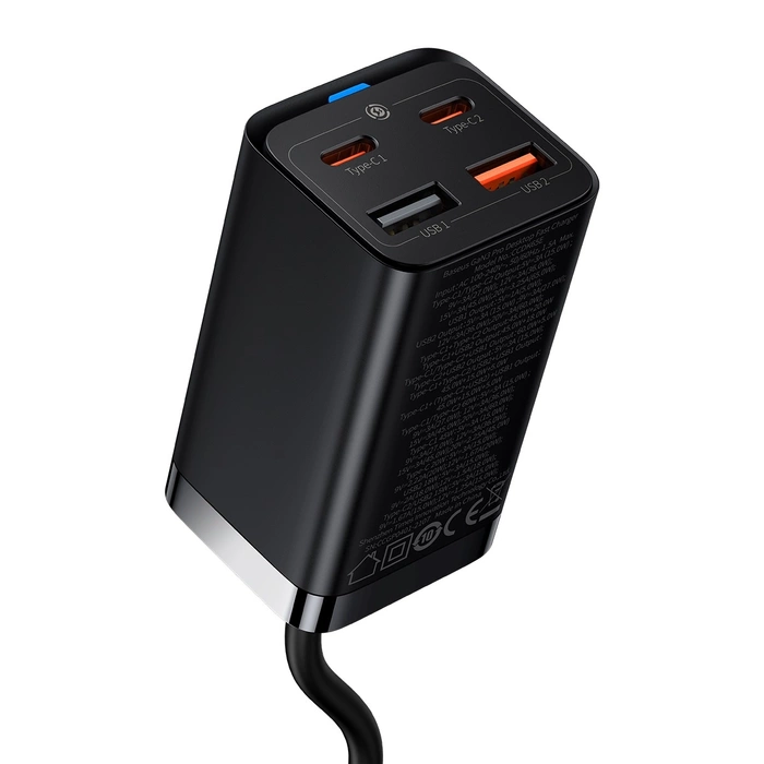 Baseus GaN3 Pro szybka ładowarka sieciowa GaN 2 x USB Typ C / 2 x USB 65W PD, QC4.0+, AFC + kabel USB Typ C - USB Typ C 1m czarny (CCGP040101)