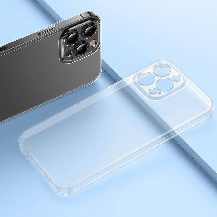 Baseus Frosted Glass Case etui pokrowiec do iPhone 13 Pro Max sztywna obudowa z żelową ramką czarny (ARWS001101)