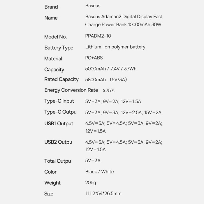 Baseus Adaman2 powerbank z wyświetlaczem cyfrowym 10000mAh 30W 2 x USB / 1x USB Typ C Overseas Edition PD QC SCP czarny (PPAD040101)