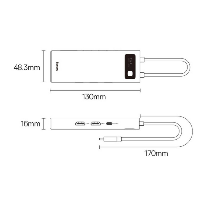 Baseus Metal Gleam Series stacja dokująca HUB 7 w 1 USB Typ C - 2 x HDMI /  3 x USB 3.2 Gen. 1 / 1 x Power Delivery / 1 x RJ-45 Ethernet szary (WKWG040113)