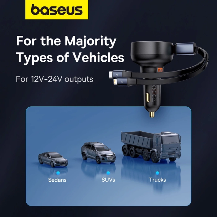 Ładowarka samochodowa Baseus Enjoyment USB z kablem USB-C i Lightning 60W (czarna)