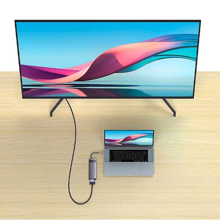 Baseus Metal Gleam Series stacja dokująca HUB 7 w 1 USB Typ C - 2 x HDMI /  3 x USB 3.2 Gen. 1 / 1 x Power Delivery / 1 x RJ-45 Ethernet szary (WKWG040113)
