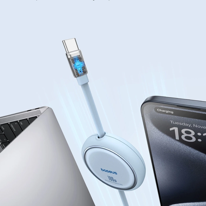 Kabel wysuwany Baseus Free2Draw Mini USB-C - USB-C 100W 1m - niebieski