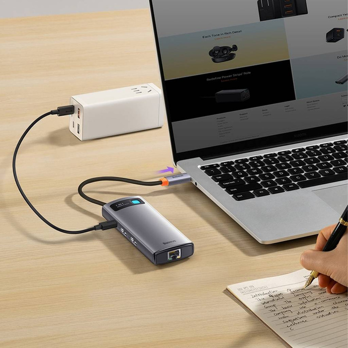 Baseus Metal Gleam Series stacja dokująca HUB 7 w 1 USB Typ C - 2 x HDMI /  3 x USB 3.2 Gen. 1 / 1 x Power Delivery / 1 x RJ-45 Ethernet szary (WKWG040113)
