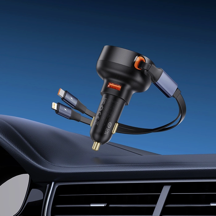 Ładowarka samochodowa Baseus Enjoyment USB z kablem USB-C i Lightning 60W (czarna)