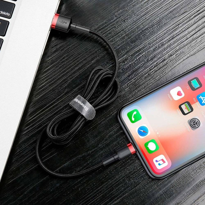 Baseus Cafule Cable wytrzymały nylonowy kabel przewód USB / Lightning QC3.0 2A 3M czarno-czerwony (CALKLF-R91)