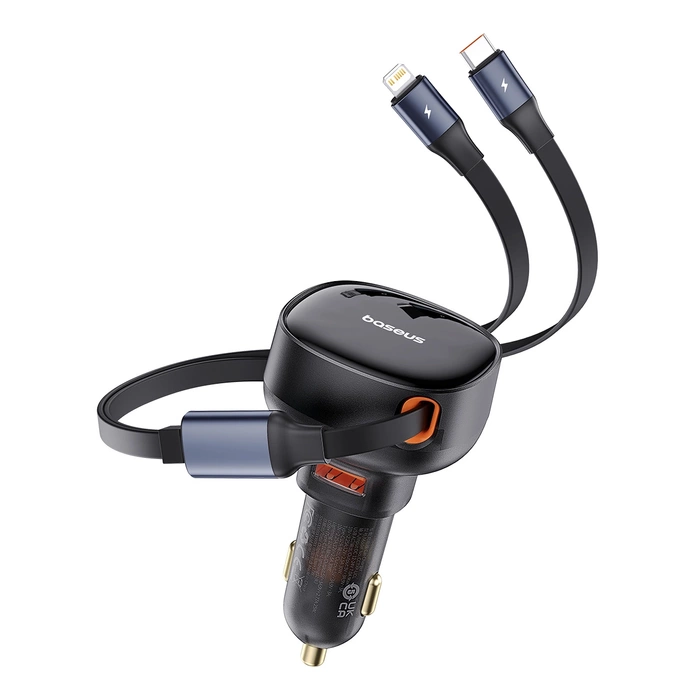 Ładowarka samochodowa Baseus Enjoyment USB z kablem USB-C i Lightning 60W (czarna)