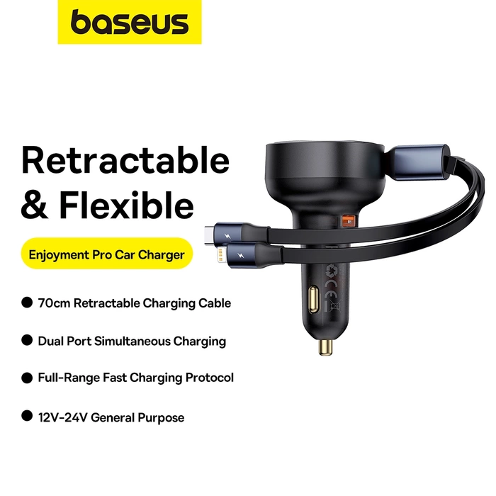Ładowarka samochodowa Baseus Enjoyment USB z kablem USB-C i Lightning 60W (czarna)