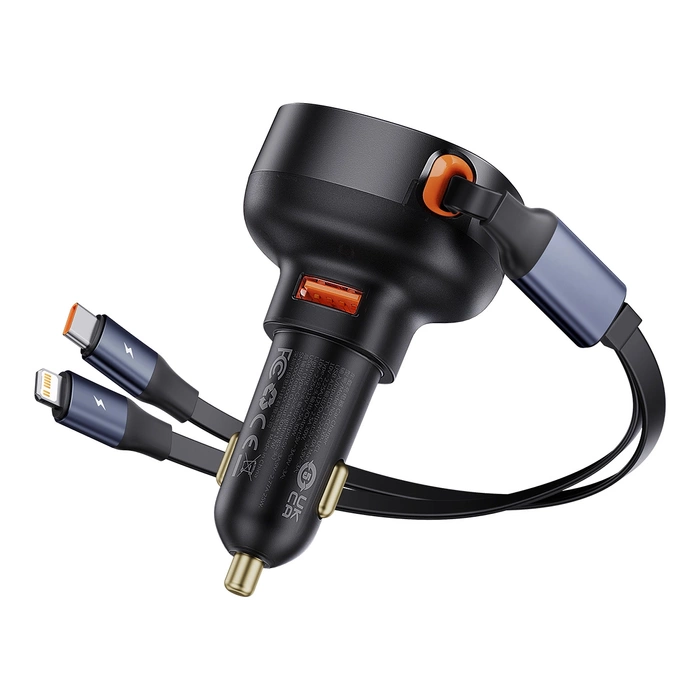 Ładowarka samochodowa Baseus Enjoyment USB z kablem USB-C i Lightning 60W (czarna)