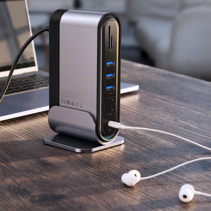 Baseus wielofunkcyjny HUB 3x USB 3.2 Gen 1 / 2x USB 2.0 / 2x USB Typ C / czytnik kart SD i micro SD / AUX / 3x HDMI / RJ45 1Gbps Power Delivery 100W (wtyczki EU / CN / UK) szary (CAHUB-DG0G)