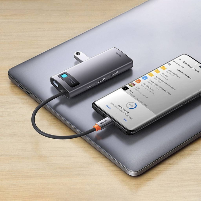 Baseus Metal Gleam Series stacja dokująca HUB 7 w 1 USB Typ C - 2 x HDMI /  3 x USB 3.2 Gen. 1 / 1 x Power Delivery / 1 x RJ-45 Ethernet szary (WKWG040113)