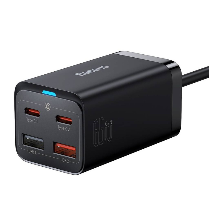 Baseus GaN3 Pro szybka ładowarka sieciowa GaN 2 x USB Typ C / 2 x USB 65W PD, QC4.0+, AFC + kabel USB Typ C - USB Typ C 1m czarny (CCGP040101)