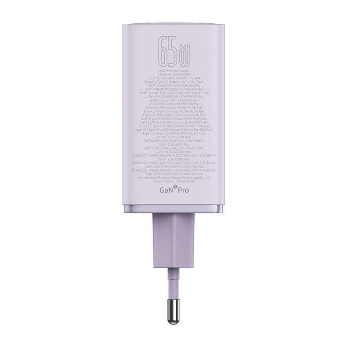 Ładowarka sieciowa Baseus GaN6 Pro, 2xUSB-C + 2xUSB, 65W (fioletowa)