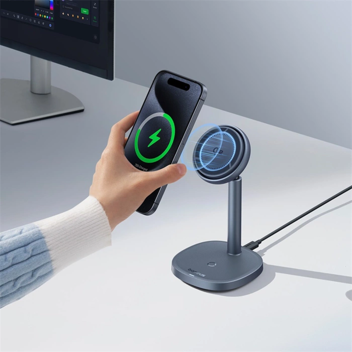 Ładowarka indukcyjna Baseus Orbit 2 Pro MagSafe Qi2 20W 2 w 1 z chłodzeniem - szara