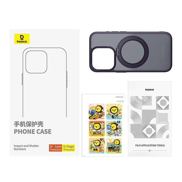 Etui iPhone 14 Pro Max Baseus SkyRing Magnetic ze stojakiem + szkło hartowane i zestaw czyszczący (fioletowy)