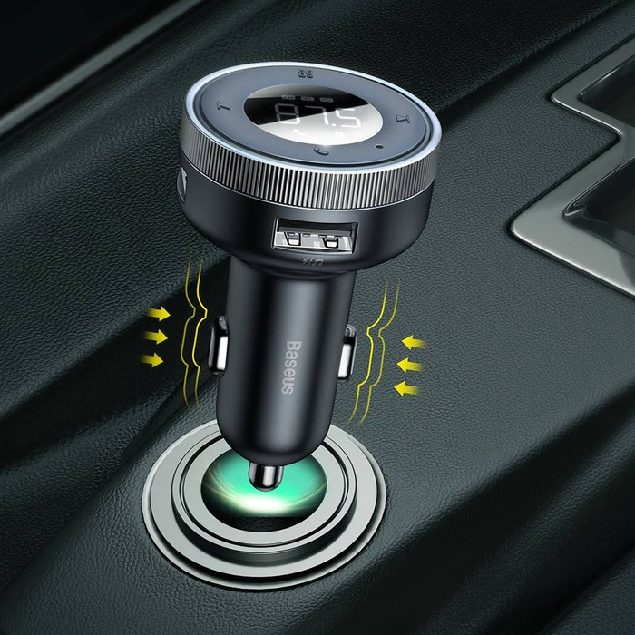 Baseus Enjoy transmiter FM ładowarka samochodowa LED 2x USB / 3,5mm jack bezprzewodowy odtwarzacz MP3 Bluetooth 5.0 3.4A czarny (CCLH-01)