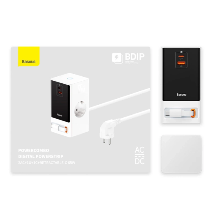 Stacja łądująca Baseus PowerCombo 65W 1.5m 2 x EU + USB-A + USB-C + zwijany kabel USB-C - biała