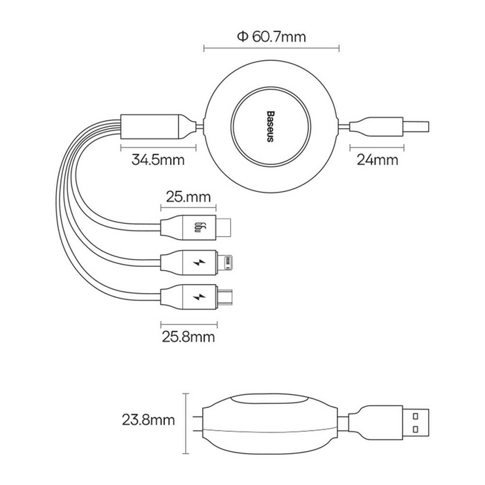 Baseus Bright Mirror 2 zwijany kabel przewód 3w1 USB Typ A - micro USB + Lightning + USB Typ C 66W 1.1m niebieski (CAMJ010103)