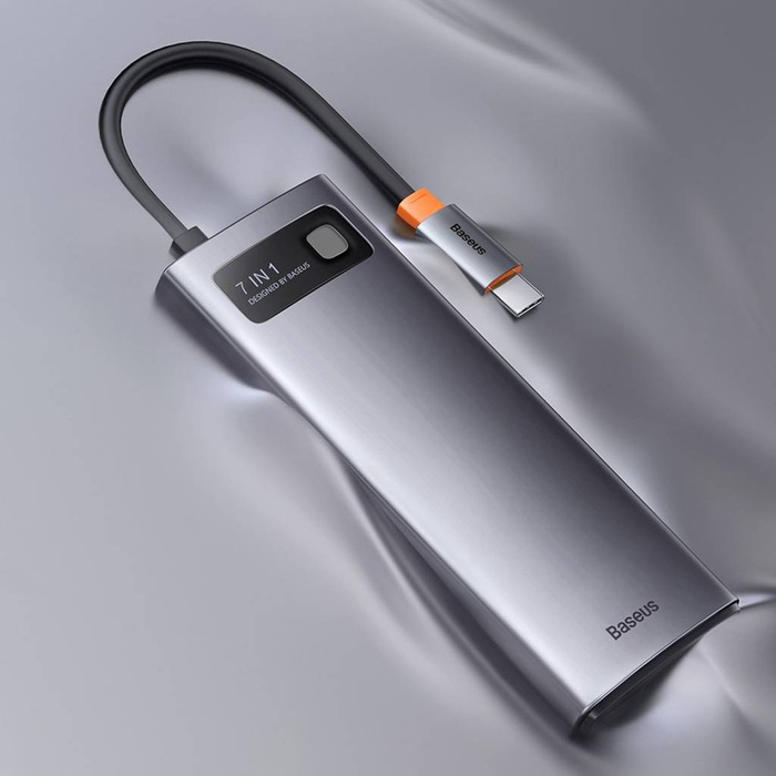 Baseus Metal Gleam Series stacja dokująca HUB 7 w 1 USB Typ C - 2 x HDMI /  3 x USB 3.2 Gen. 1 / 1 x Power Delivery / 1 x RJ-45 Ethernet szary (WKWG040113)