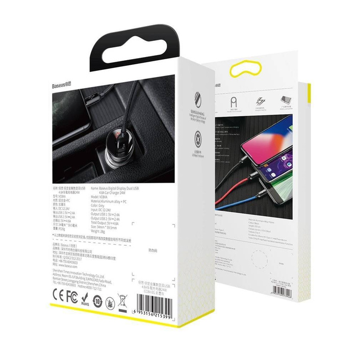 Baseus ładowarka samochodowa 2x USB 4,8A 24W z LCD + kabel 3w1 USB - USB Typ C / micro USB / Lightning 1,2m czarny