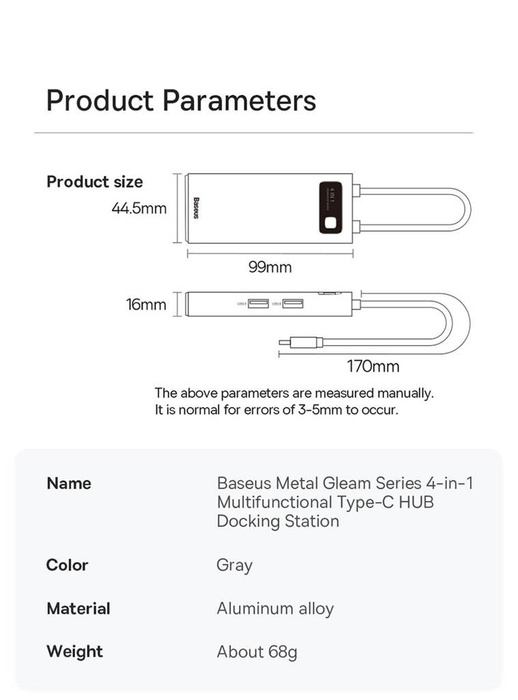 Baseus Metal Gleam Series stacja dokująca HUB 4 w 1 USB Typ C - 3 x USB 3.2 Gen. 1 / RJ45 (WKWG070113)